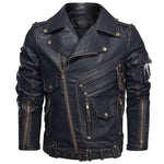 Black faux leather biker jacket with multiple zip pockets, belt and metal studs.
