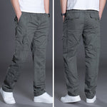 Gray cargo pants shown from front and back on a gray background