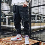 Black men’s cargo jogger trousers.
