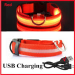 Red USB-rechargeable LED pet collar with a reflective strip, metal D-ring, and charging cable included.
