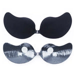 Black adhesive strapless bra shown from front and inner side with clasp fastening.