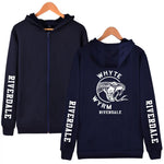 Navy zip-up hoodie with “Riverdale” printed on the sleeves and a white Whyte Wyrm snake graphic on the back.