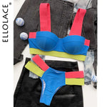 Blue bikini set with wide pink and lime-green straps laid flat on clothing, with “ELLOLACE” text along the left side.