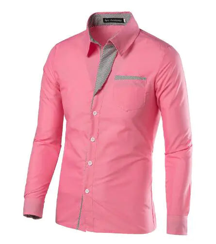Pink long-sleeve button-up dress shirt with a chest pocket and contrasting patterned trim on the inner collar, placket, and pocket edge, shown on a white background.