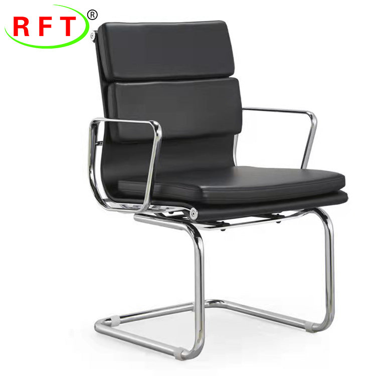 Black office chair with chrome frame on a white background, featuring the RFT logo.