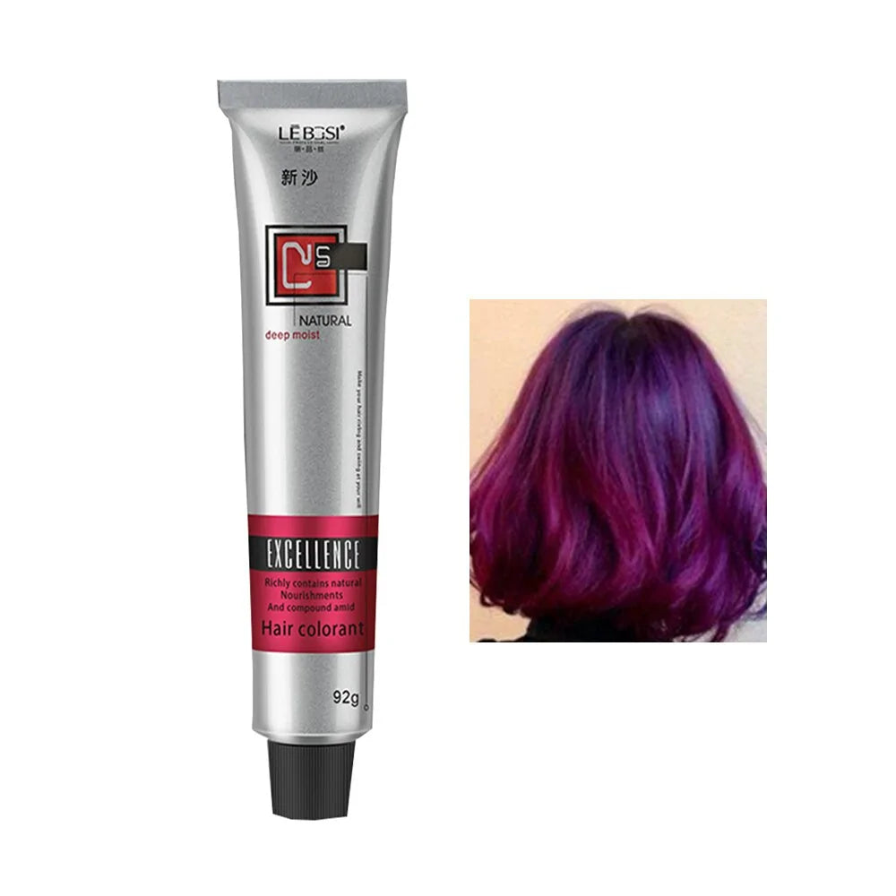 A tube of Lebesi Excellence Hair Colorant in silver packaging, with the label "Deep Moist" and "92g," next to an image of purple hair that is dyed with the product.