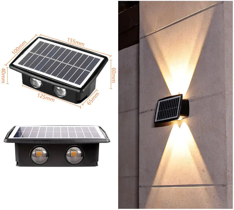 Product collage of a rectangular solar-powered wall light with a built-in solar panel and two LED lenses. Left side shows top and front views with dimensions labeled (about 155 mm wide), and right side shows the light mounted on an exterior wall casting an up-and-down triangular beam pattern.