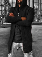 Black hooded longline knitted cardigan.
