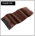 Clip-in hair extension weft labeled “SG66B 33#,” in a smooth, straight medium brown shade with attached clips.