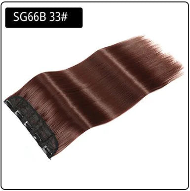Clip-in hair extension weft labeled “SG66B 33#,” in a smooth, straight medium brown shade with attached clips.
