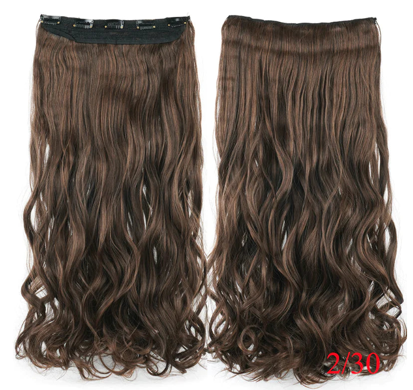 Long wavy medium brown hair extensions with a matching base, labeled "Medium Brown.