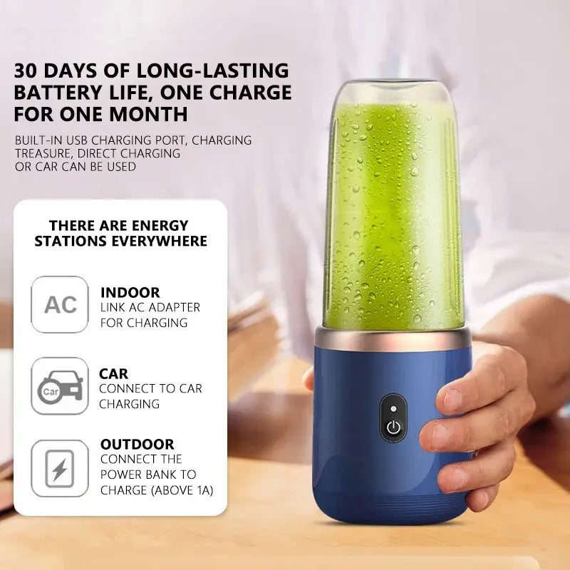 Promotional graphic showing a hand holding a blue portable blender filled with a green drink; text highlights “30 days of long-lasting battery life” and a built-in USB charging port, with icons indicating it can be charged indoors via AC adapter, in a car, or outdoors using a power bank.