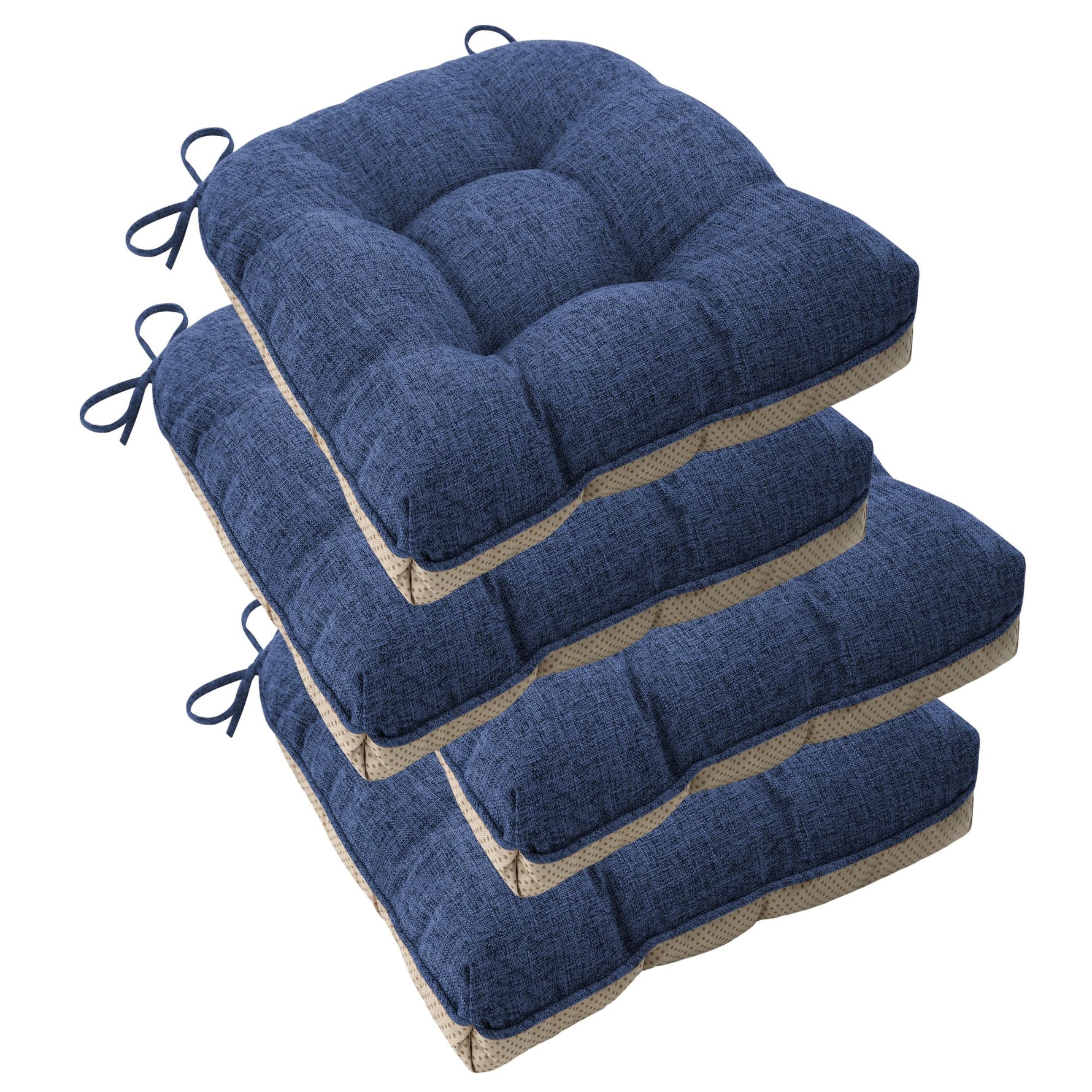 Blue tufted dining chair cushions stacked in a pile with tie fastenings.