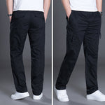 Navy Blue Plus Size Trousers for Men cargo pants shown from front and back on a gray background