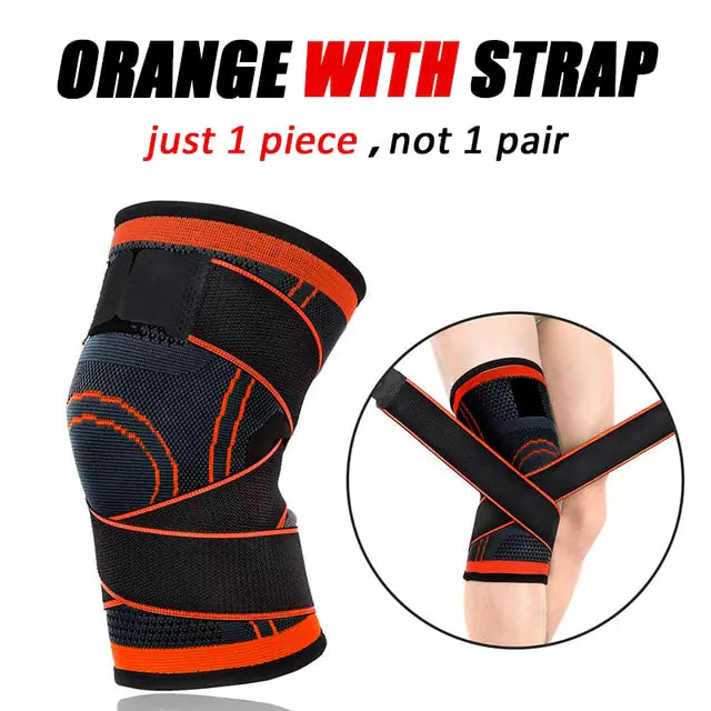 A black knee compression sleeve without straps, featuring a textured and contoured design for joint support. The image includes bold text that reads: "BLACK NO STRAP" in black and red, and underneath in red and black text: "just 1 piece, not 1 pair