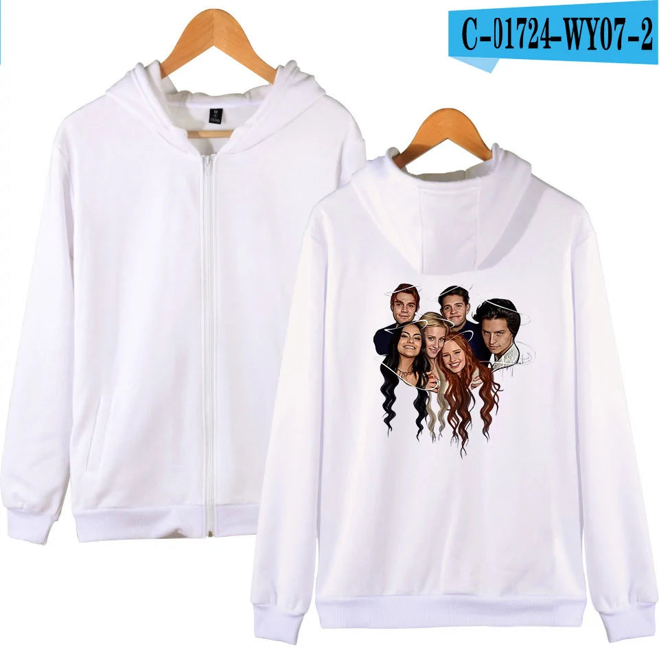 White zip-up hoodie displayed from front and back on hangers; the front is plain, while the back features a colorful graphic illustration of several young characters grouped together, with a product code label shown in the top corner.
