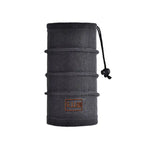 Black fleece neck warmer with drawstring and small front logo patch.
