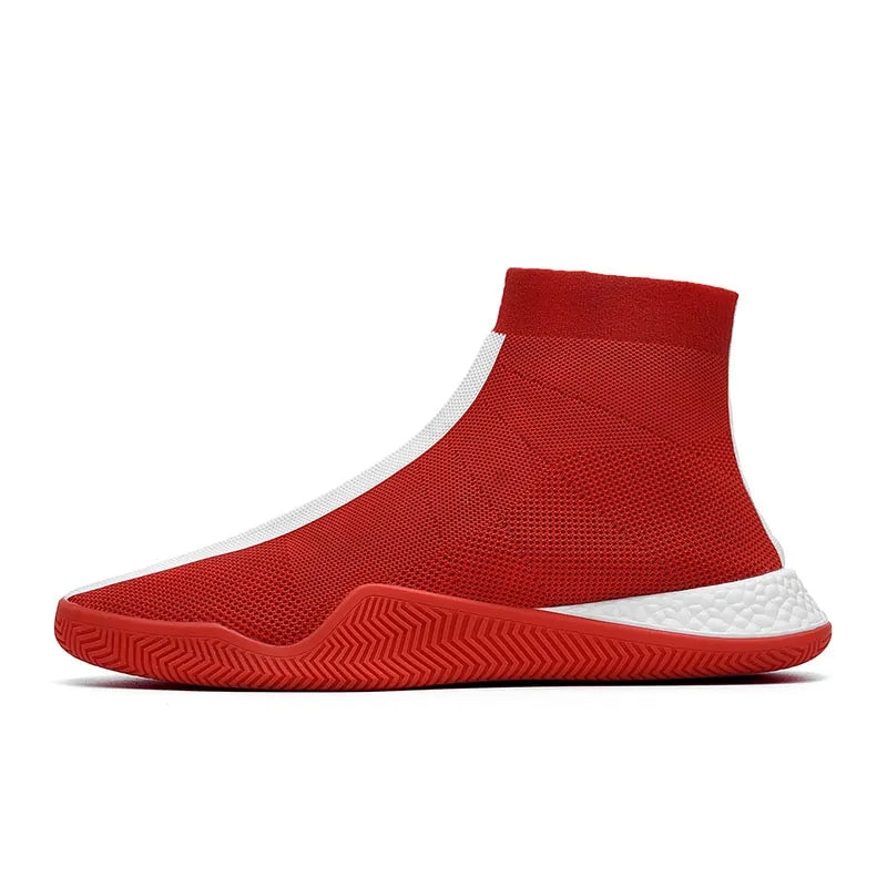 Red knit sock-style sneaker with white side stripe and white cushioned sole.