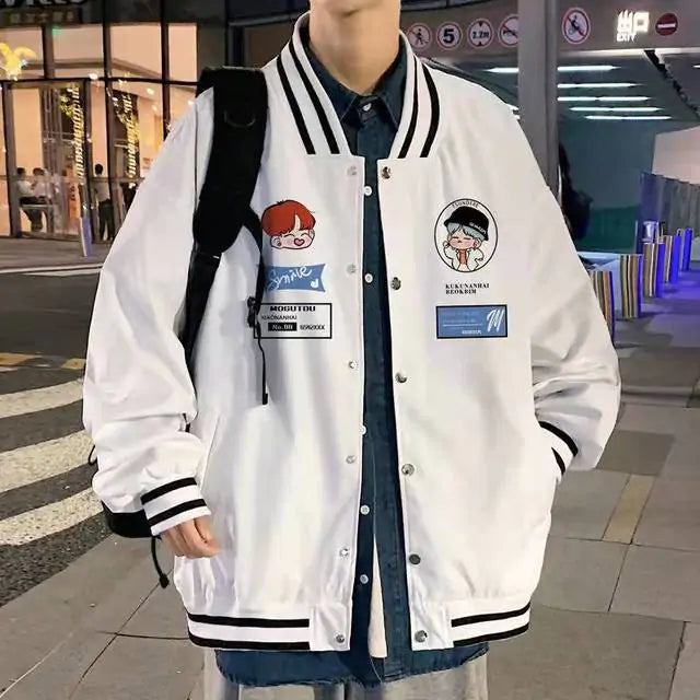 White varsity jacket with striped ribbed trim, snap buttons, side pockets and cartoon patch details.
