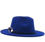 Royal blue wide-brim fedora-style hat with a black band and silver ring detail, shown on a white background.
