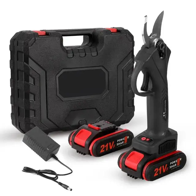 Cordless electric pruning shears kit with black cutter, two 21V batteries, charging adapter, and a black hard carrying case, shown on a white background.