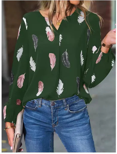 Women's Long Sleeve Feather Print Blouse