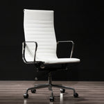 White office chair with high backrest on a dark background
