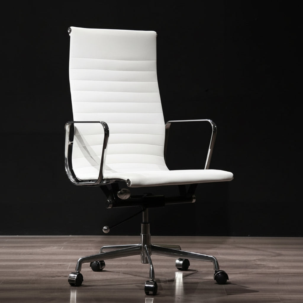White office chair with high backrest on a dark background