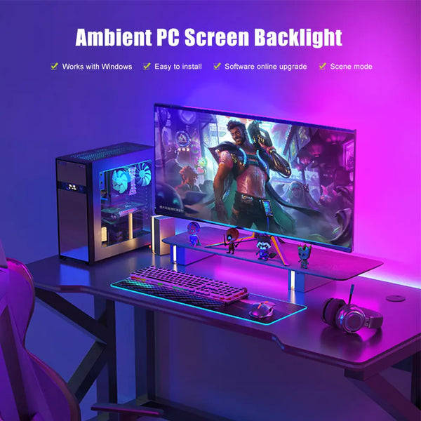 Colorful ambient PC backlight behind a monitor