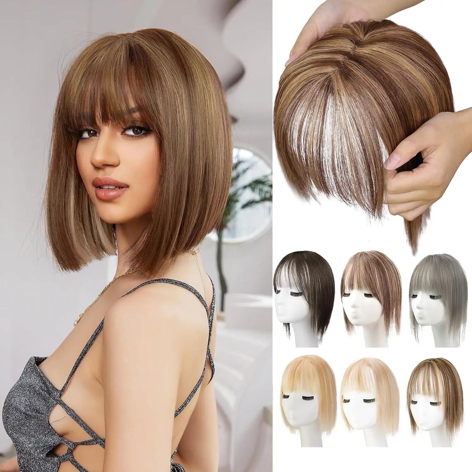 Product collage showing a woman wearing a short, straight light-brown bob wig with bangs, a close-up of the wig’s top held in hands, and six small color/style options displayed on mannequin heads.