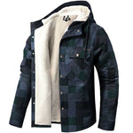 A dark blue-and-green plaid hooded jacket with a button front, chest pockets, and thick white sherpa lining visible inside.