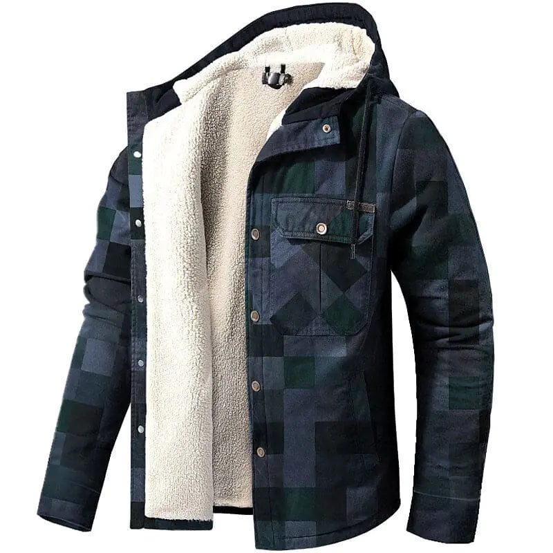 A dark blue-and-green plaid hooded jacket with a button front, chest pockets, and thick white sherpa lining visible inside.