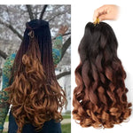 Split image showing a person from behind wearing long box braids that transition into loose, curly ombré ends in brown tones, and a matching curly braid extension bundle held by hand on the right against a white background.