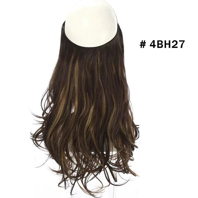 Long wavy halo hair extension with a U-shaped top weft, medium brown roots fading into ash-beige blonde highlights, on a white background.