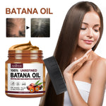 Jar of Batana Oil with a woman showing off her hair, before and after comparison, and product packaging.