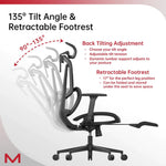 Ergonomic office chair with 135-degree tilt angle and retractable footrest features on a white background.