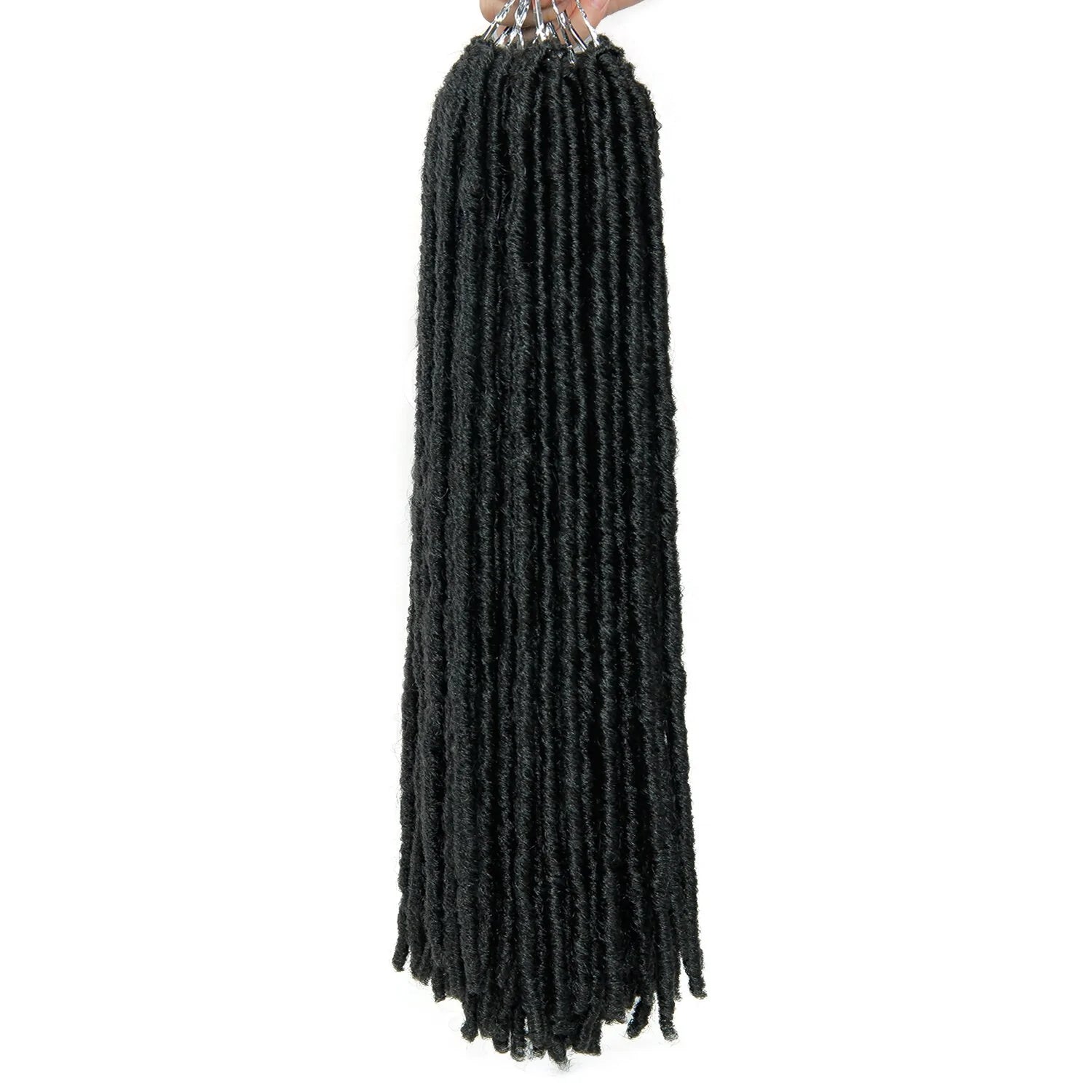 A studio product image of long black faux locs/dreadlock hair extensions being held up by a hand, with multiple bundles gathered at the top and thick rope-like twists hanging straight down against a white background.