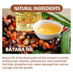 Batana Oil with palm oil seeds and a glass of oil, labelled as natural ingredients.