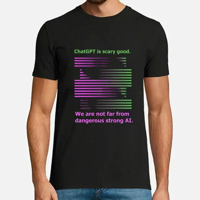 Black T-shirt with neon text and abstract striped graphic on the front, shown on a model.