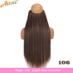 Back view of a mannequin head wearing a long, straight dark-brown hairpiece with subtle lighter highlights; text at the bottom reads “Weight: 110g Length: 60cm (24 inches),” with “106” in the lower-right corner.