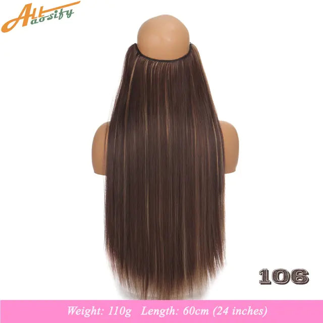 Back view of a mannequin head wearing a long, straight dark-brown hairpiece with subtle lighter highlights; text at the bottom reads “Weight: 110g Length: 60cm (24 inches),” with “106” in the lower-right corner.