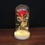 Red artificial rose in a clear glass dome with warm fairy lights wrapped around the stem, sitting on a wooden base on a tabletop against a dark background.