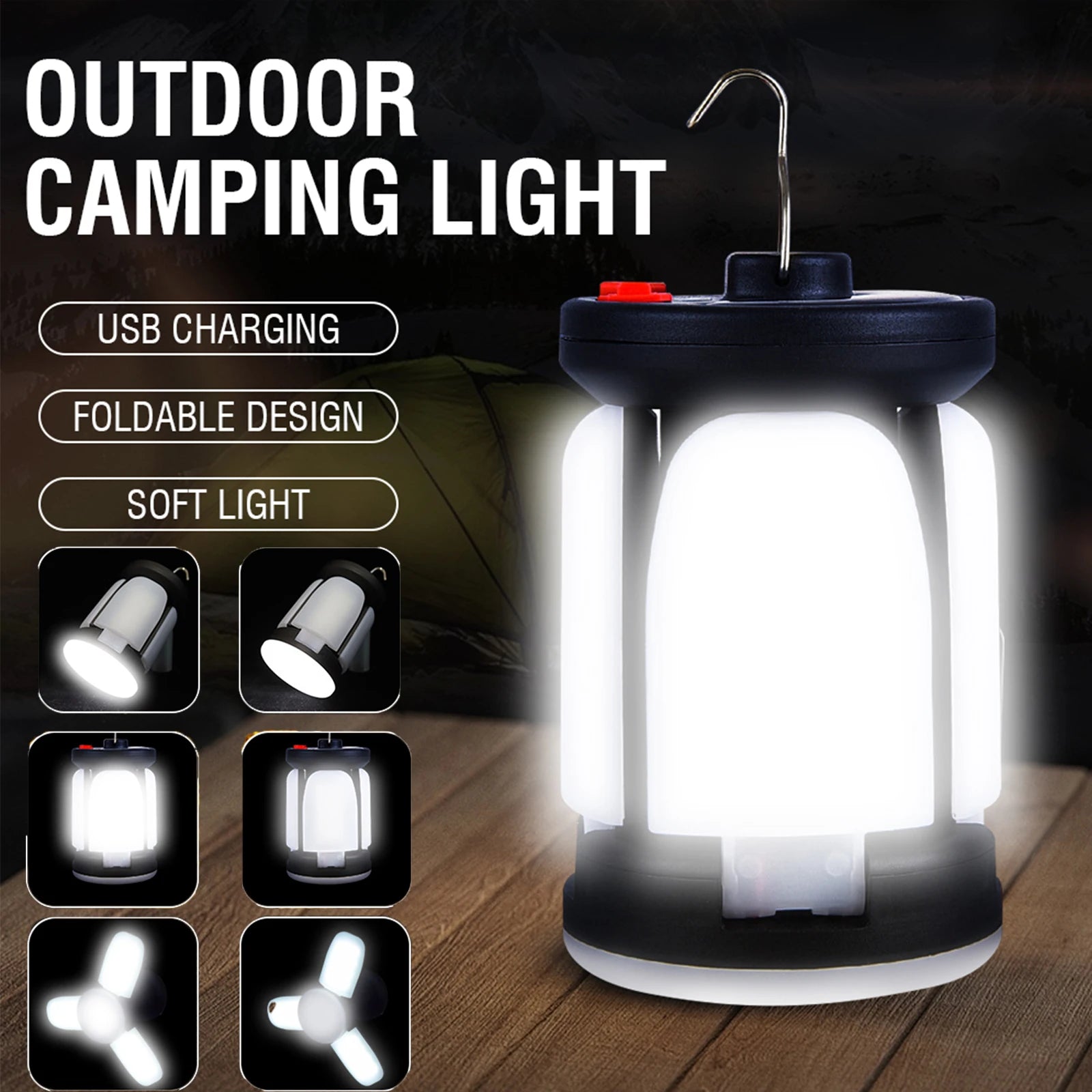 A black high power solar LED camping lantern with a foldable design, featuring a solar panel and a lit light, ideal for outdoor activities.