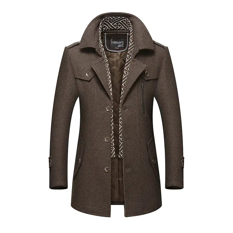 Brown button-up wool-blend coat with patterned collar
