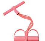 Pink resistance band exerciser with foam-covered handlebar and dual foot pedals, connected by four elastic tubes. Designed for home workouts, stretching, or strength training. Displayed against a white background.