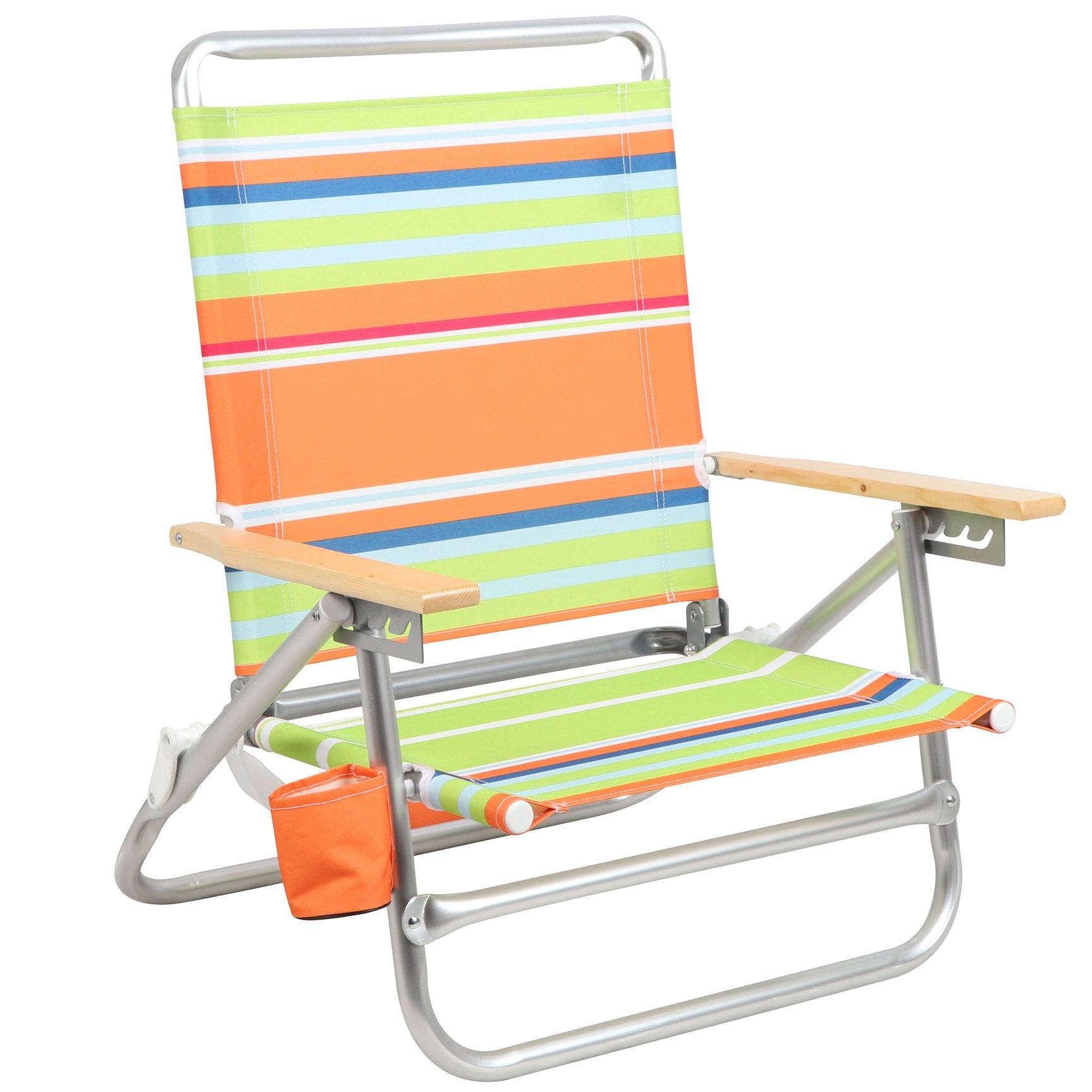 Colourful striped folding beach chair on a white background