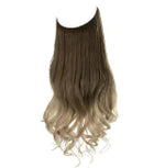 Long straight hair extension with a dark brown top fading to light blonde, with softly curled ends, shown on a white background.