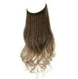 Long straight hair extension with a dark brown top fading to light blonde, with softly curled ends, shown on a white background.