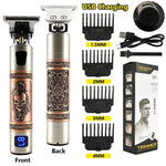 Gold-colored electric hair trimmer set with engraved metal body, shown front and back, alongside USB charging cable, cleaning brush, and four clipper guards labeled 1.5 mm, 2 mm, 3 mm, and 4 mm, plus the retail box.