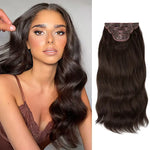 Side-by-side image of a woman with long, glossy dark brown wavy hair and a matching dark brown halo hair extension piece shown on a white background.